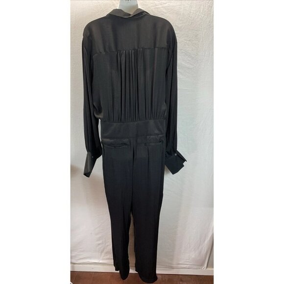 Free People Black Satin long sleeve Jumpsuit Size LG button down - Picture 5 of 16